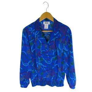 Maycene Vintage Pullover Top Size S Blue Paisley Print Half Button Collar Retro